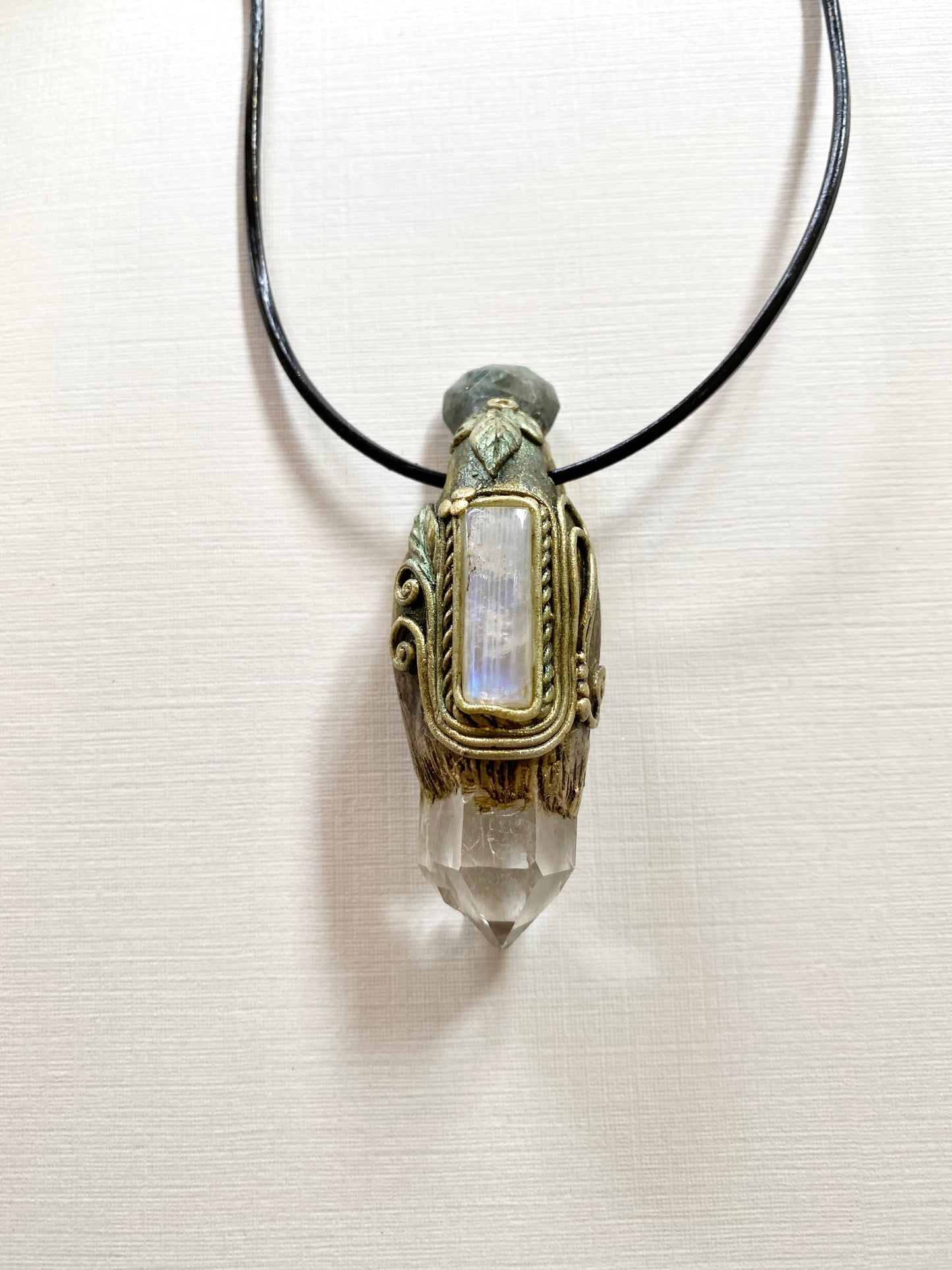 Quartz Crystal Moonstone and Aquamarine Woodland Amulet