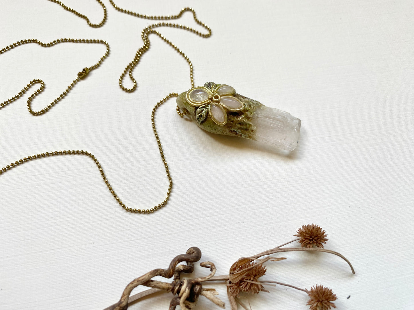 Danburite, Rose Quartz & Moonstone Clay Woodland Necklace