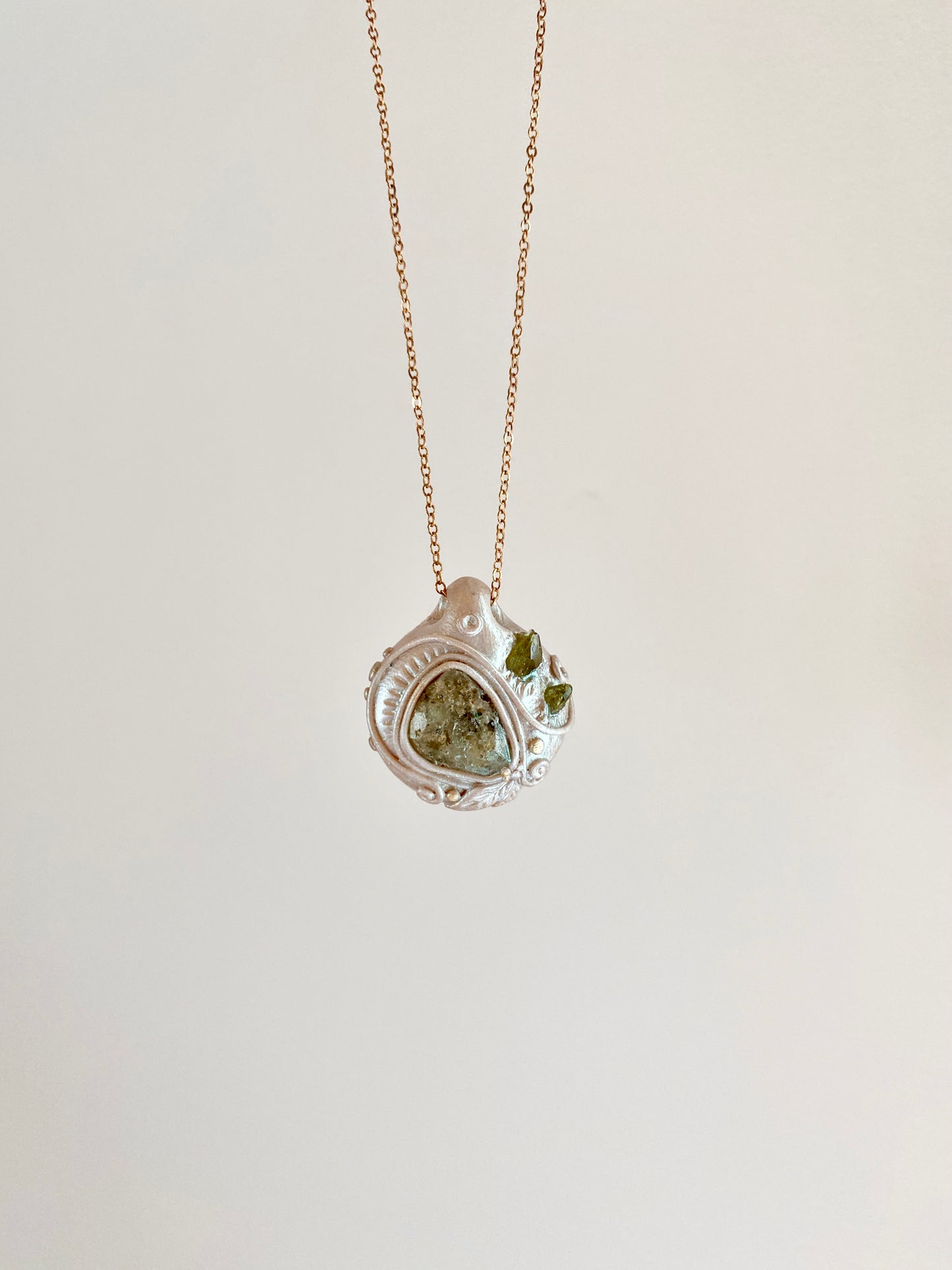 Sprouting Collection ~ Green Garnet and Vesuvianite Clay Pendant with Brass Necklace