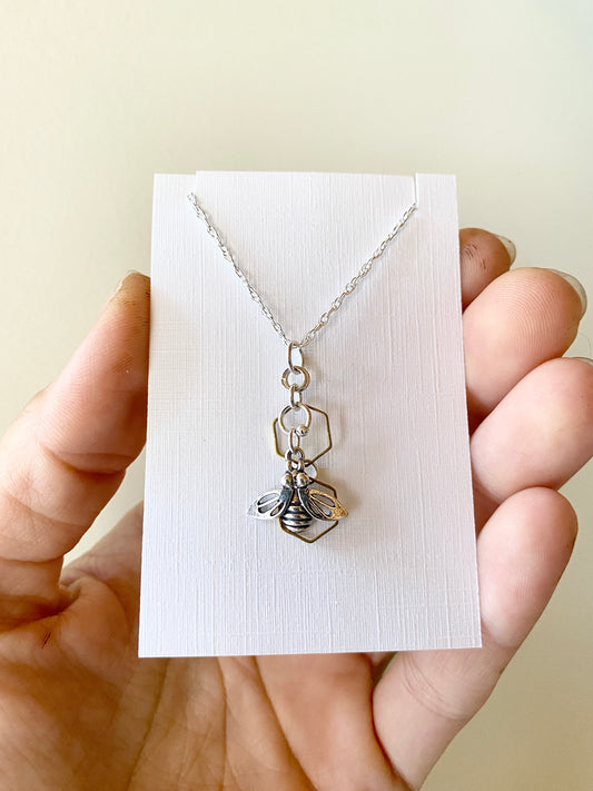 Busy Bee ~ Sterling Silver and Brass Bee and Honeycomb Charm Necklace - Sacred Symbols Series