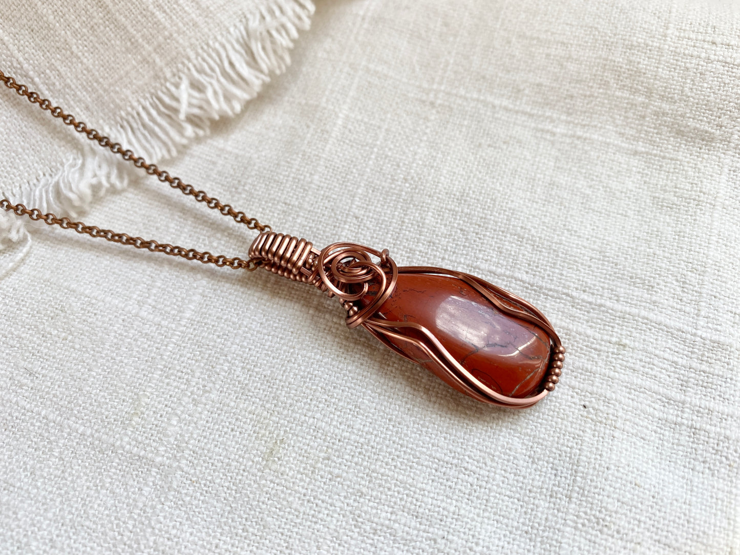 Red Jasper Wire Wrapped Necklace in Antique Copper