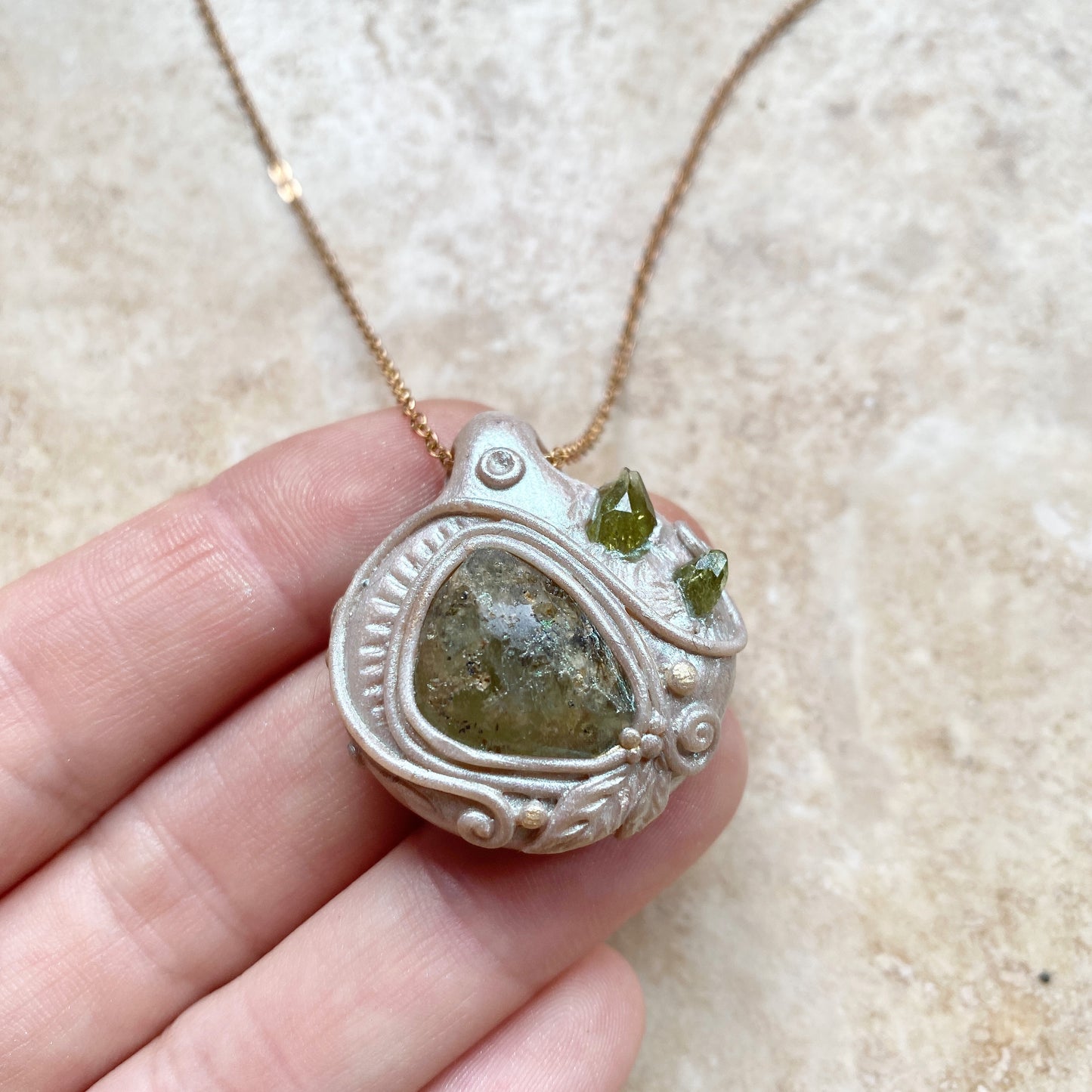 Sprouting Collection ~ Green Garnet and Vesuvianite Clay Pendant with Brass Necklace