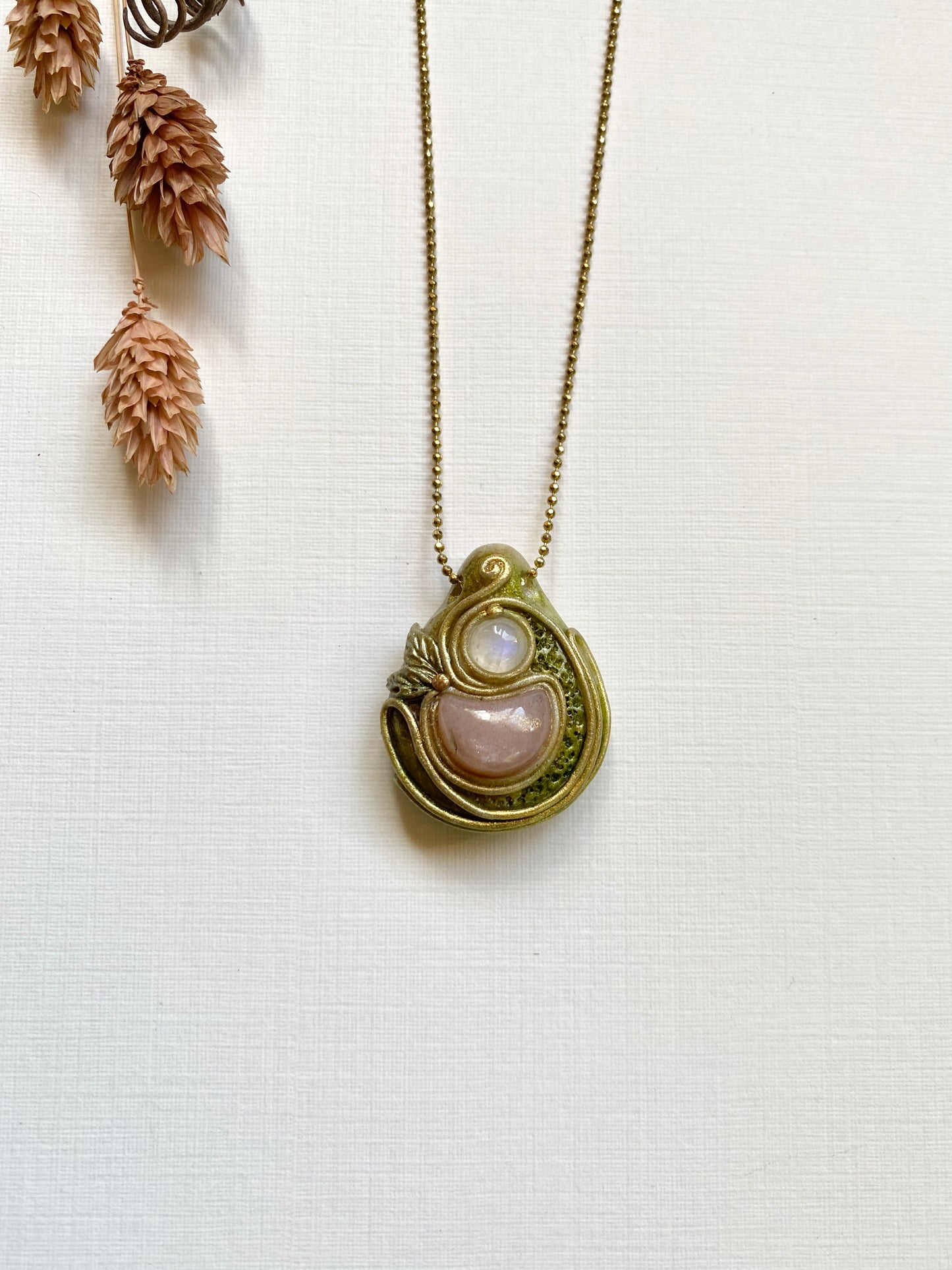Peach Moonstone Crescent with Round Moonstone Woodland Style Clay Pendant