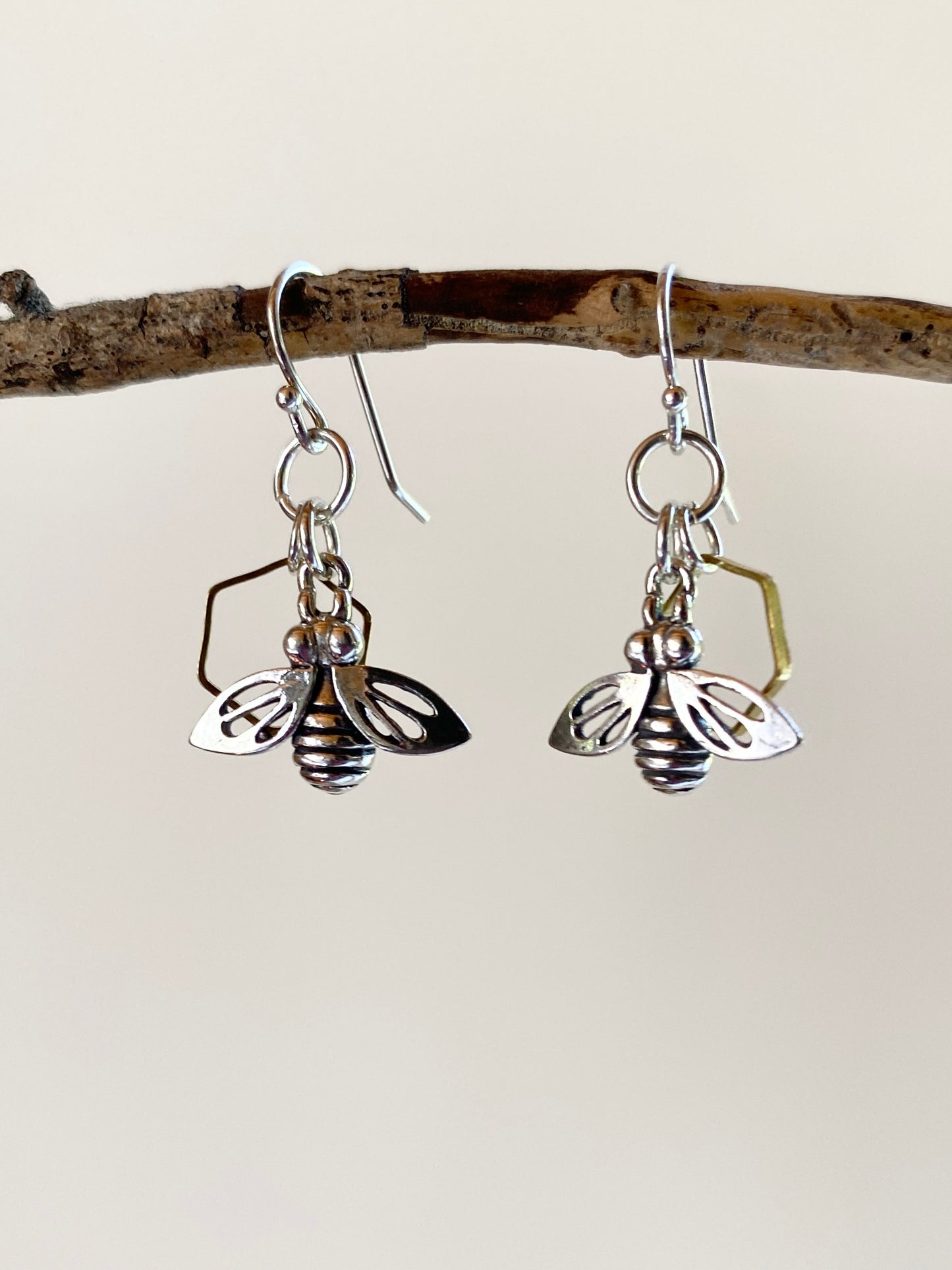 Busy Bee Earrings ~ Sterling Silver and Brass Bee and Honeycomb Charm Earrings
