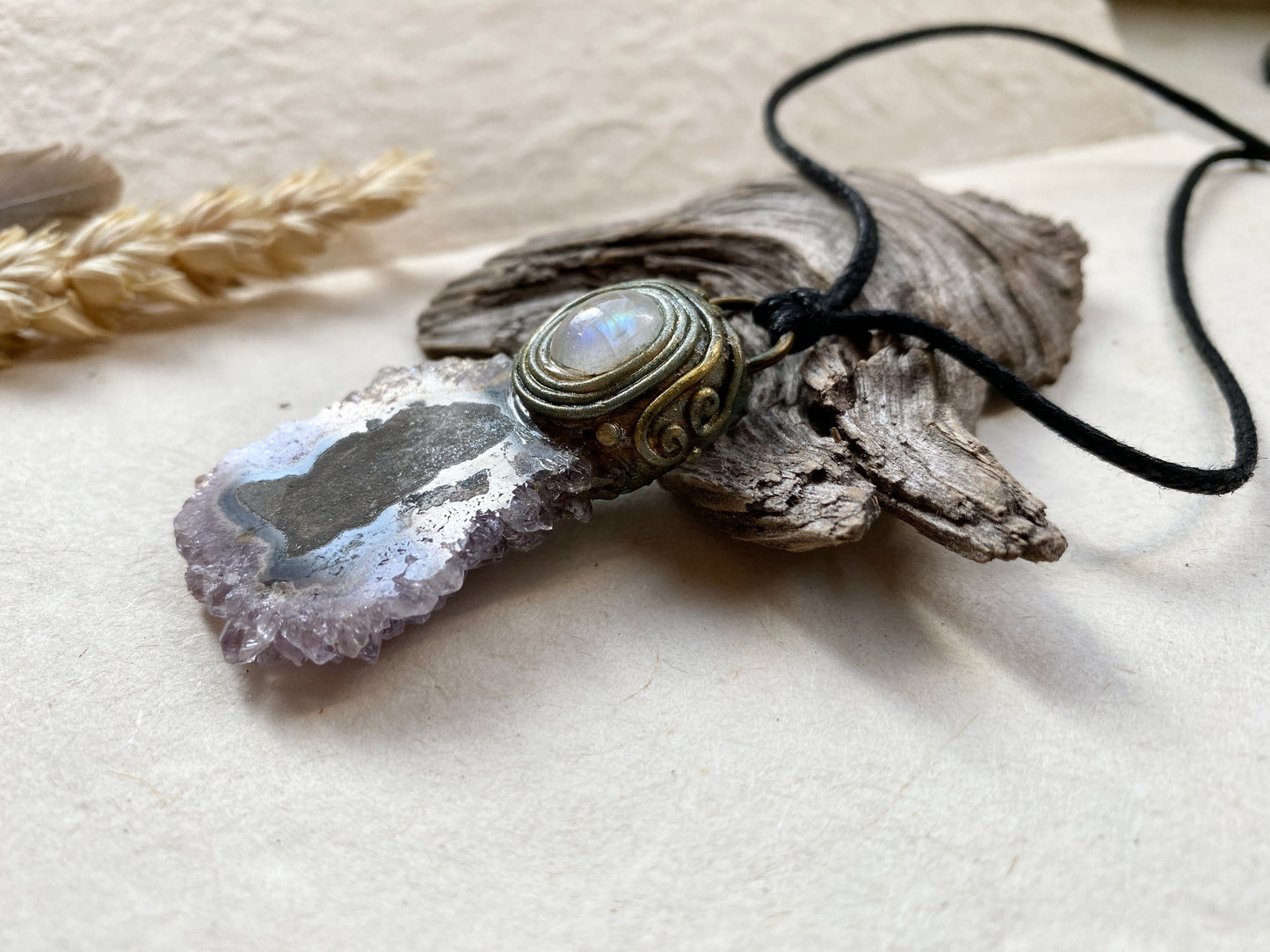 Priestess Series ~ Amethyst Flower and Moonstone Clay Necklace