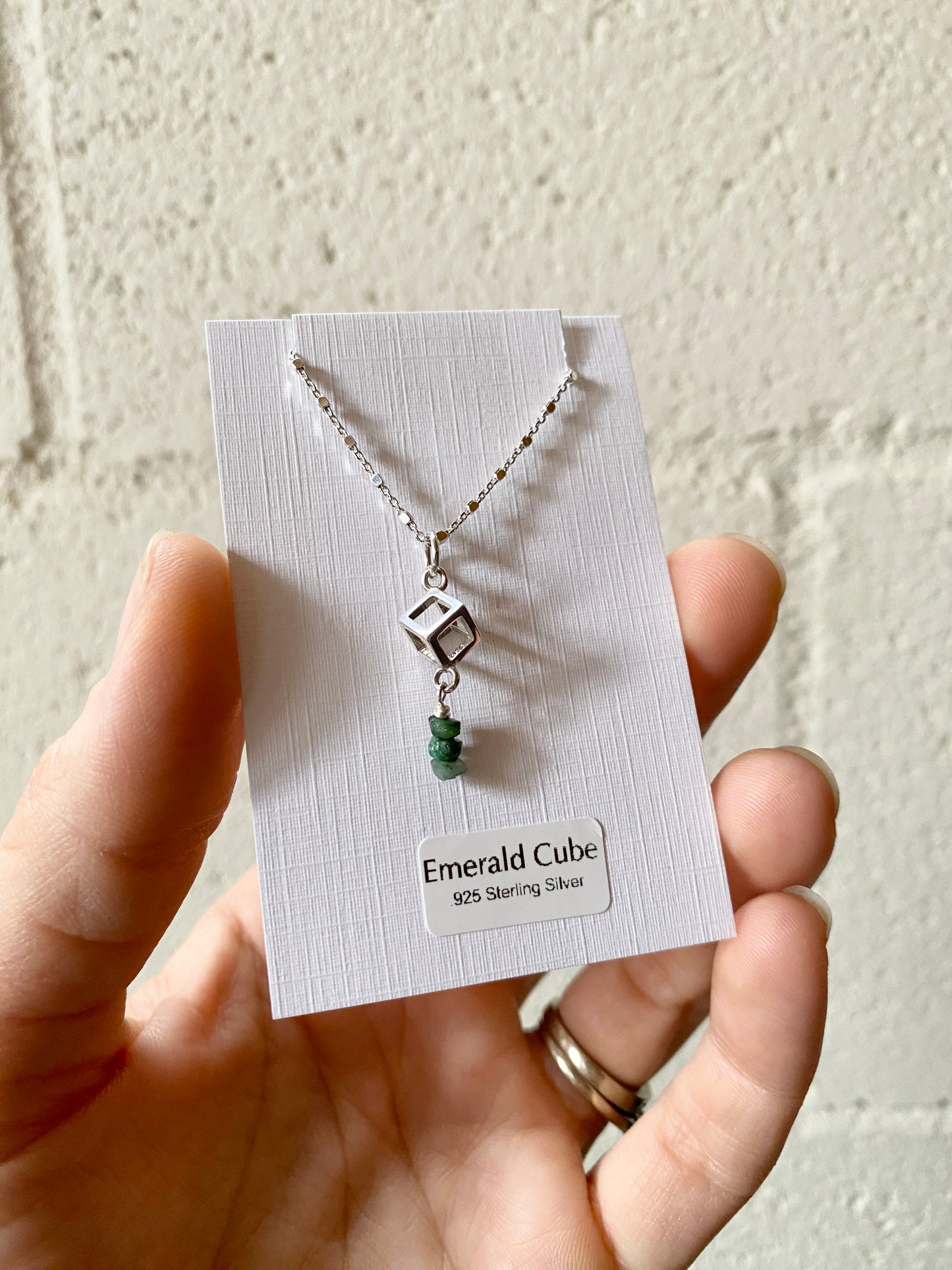 Free Thinker ~ Emerald Cube ~ Sterling Silver and Emerald Adjustable Charm Necklace - Sacred Symbols Series