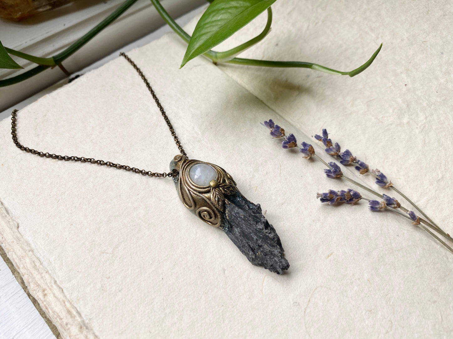 Forest Broom ~ Black Kyanite and Moonstone Clay Woodland Style Necklace