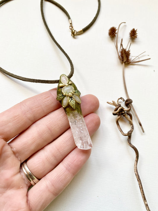 Danburite, Rose Quartz & Moonstone Clay Woodland Necklace