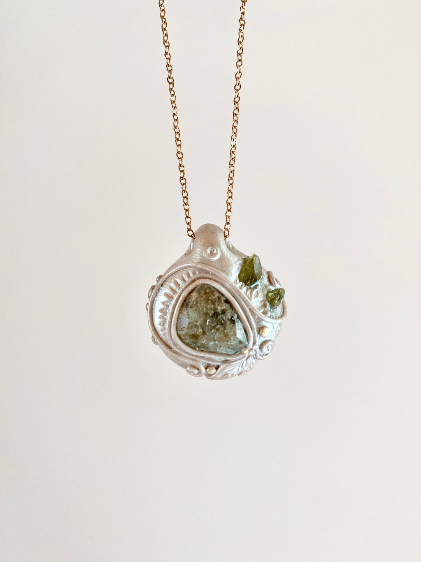 Sprouting Collection ~ Green Garnet and Vesuvianite Clay Pendant with Brass Necklace