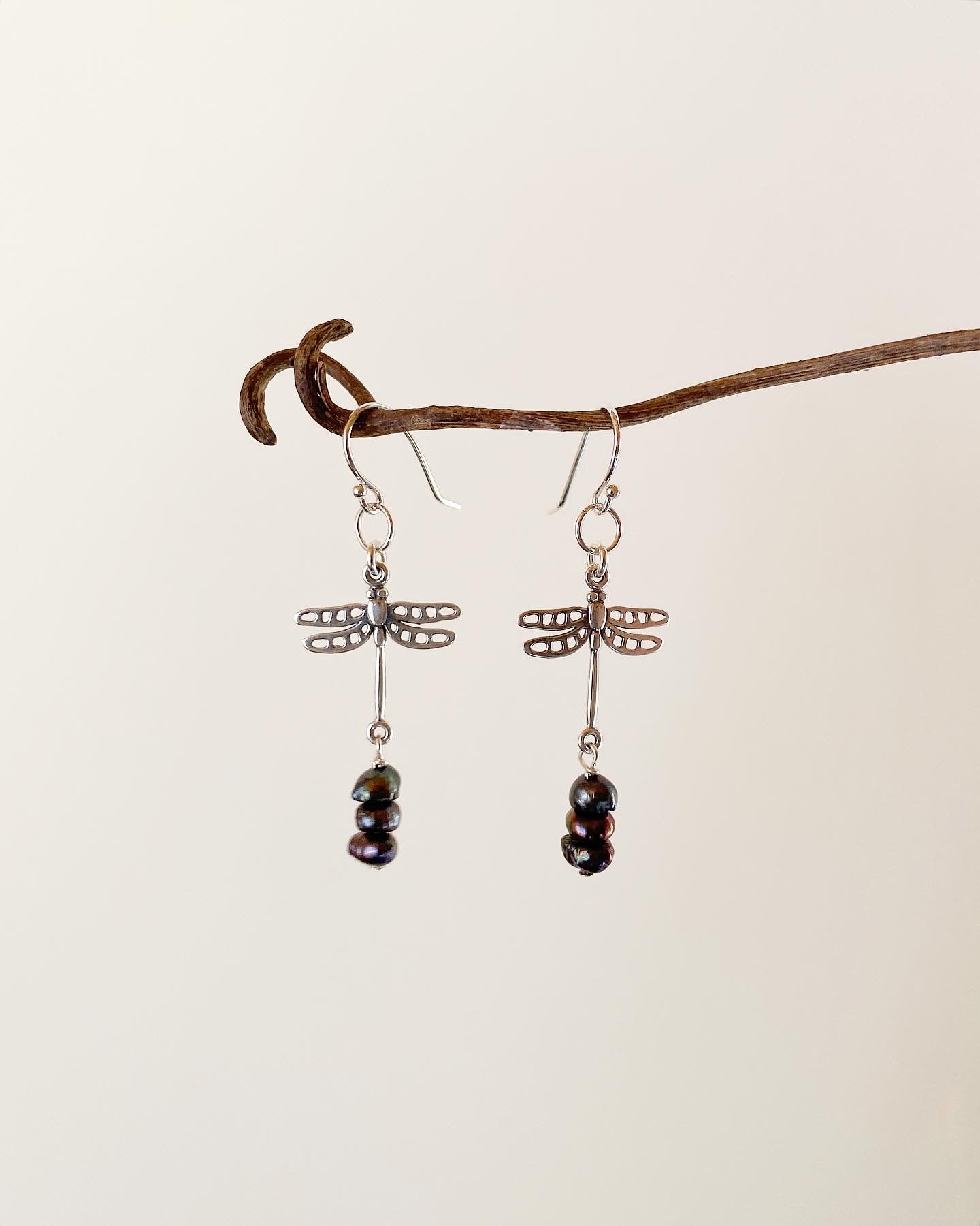 Dragonfly Freshwater Pearl Earrings in Sterling Silver