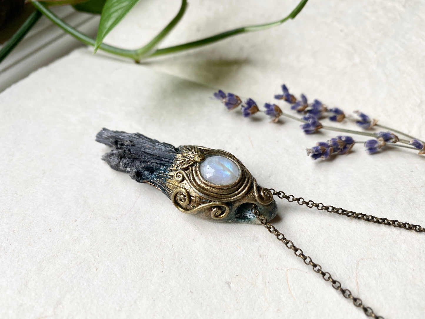 Forest Broom ~ Black Kyanite and Moonstone Clay Woodland Style Necklace