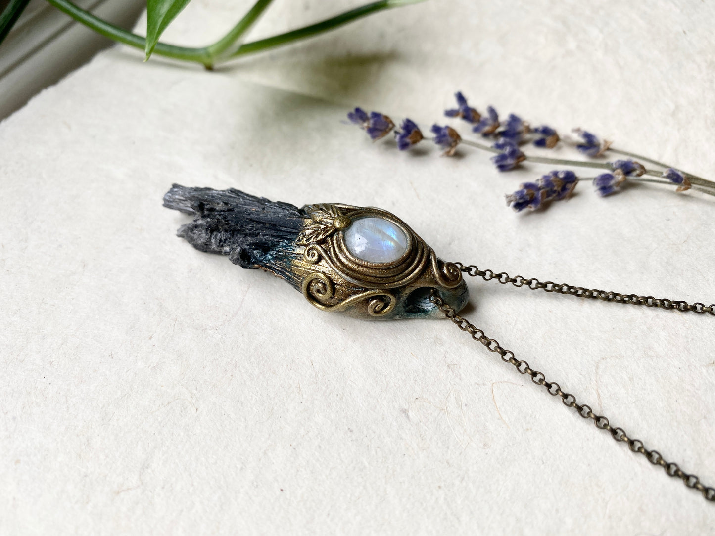 Forest Broom ~ Black Kyanite and Moonstone Clay Woodland Style Necklace